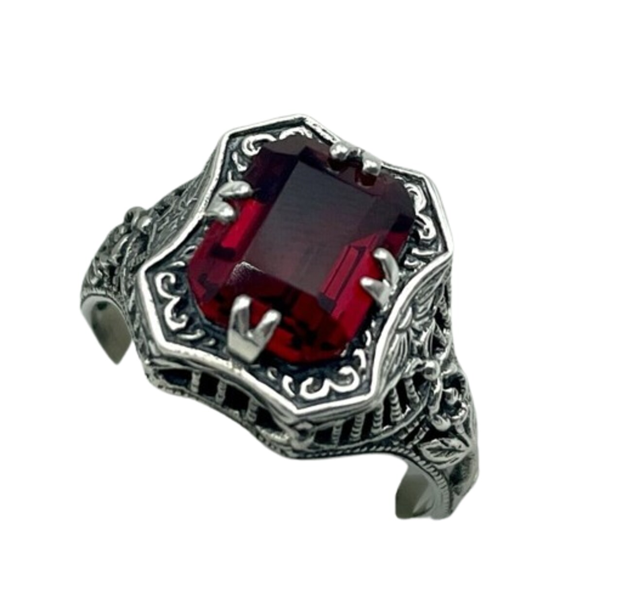 Size 6 Antique Style Simulated Ruby Filigree Ring